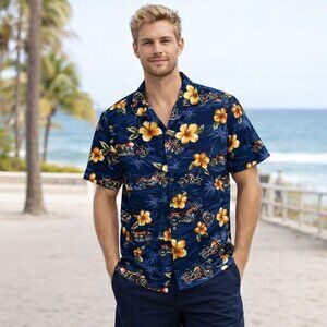 Hawaiian Shirt Mens M Motorcycles Hibiscus Short Sleeves Pacific Legend Blue